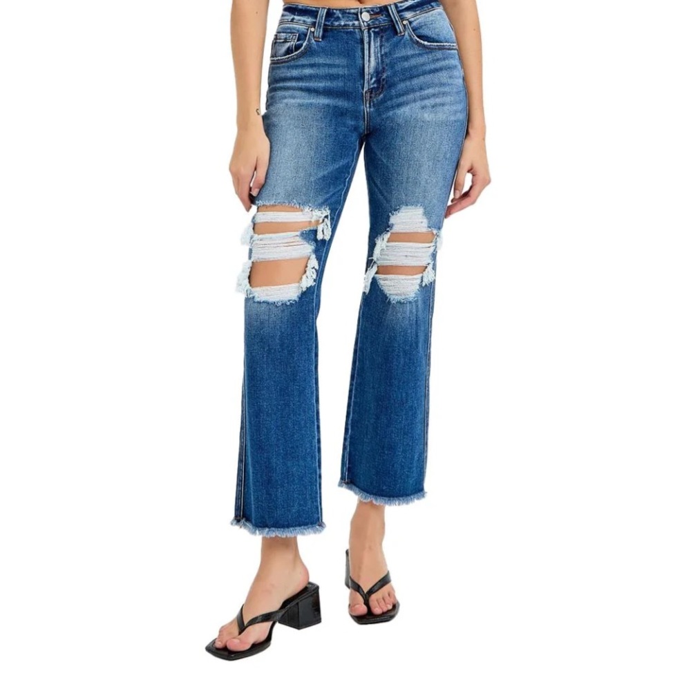 Risen Distressed Cropped Jeans Raw Hem High Rise Size 30.